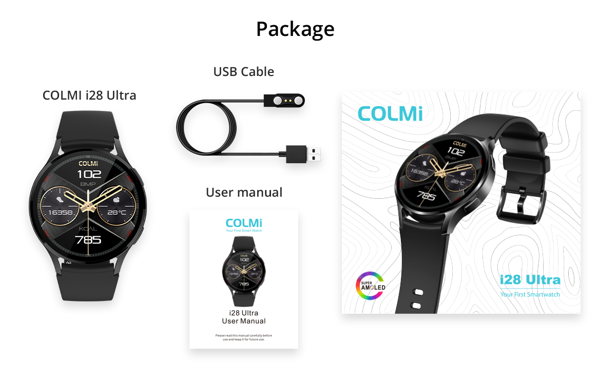 COLMI i28 Ultra smartwatch package contents chart