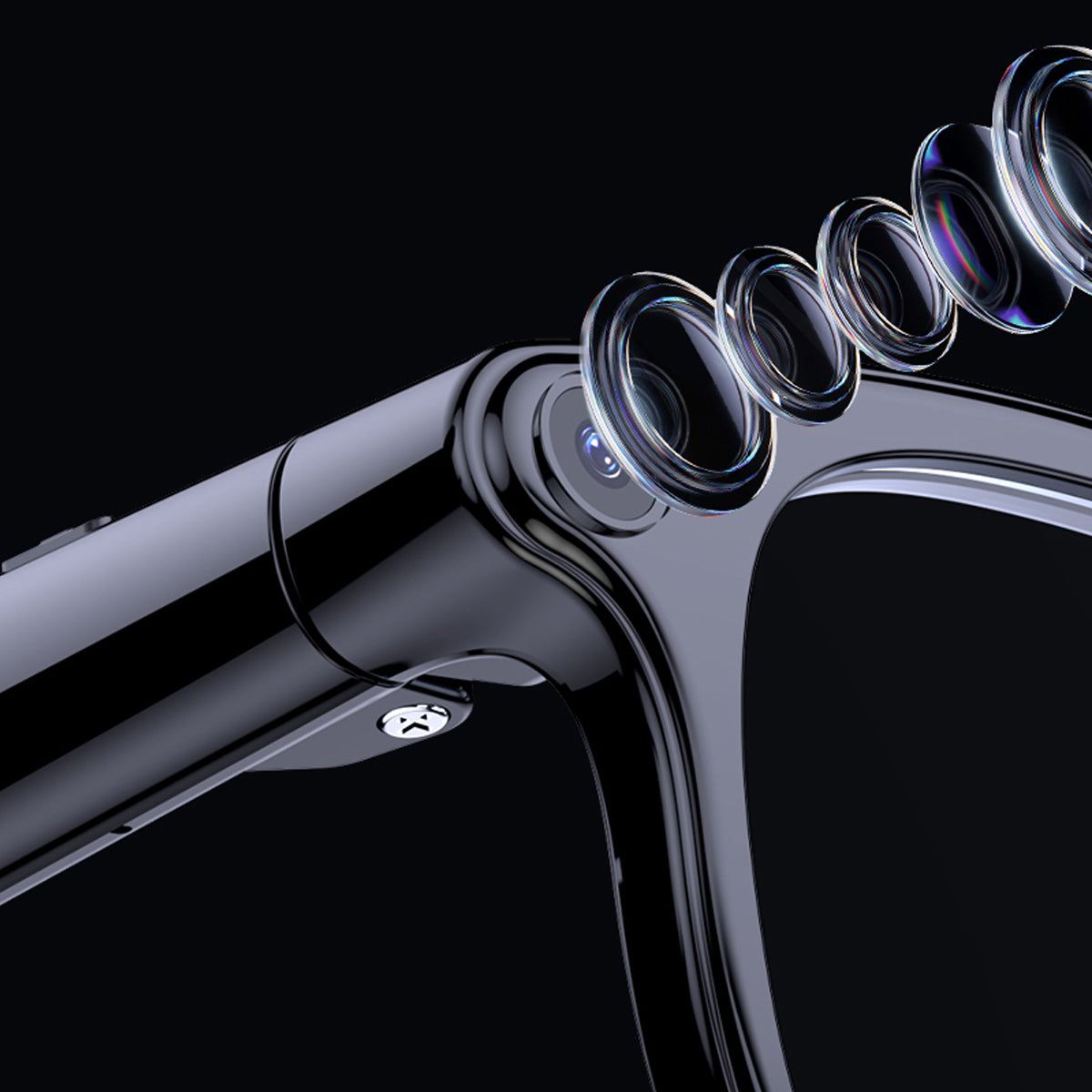 Close-up of the camera lens on COLMI everyday AI smart glasses