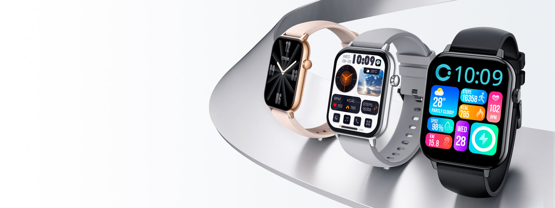 COLMI C28 ultra-slim smartwatch hero with black, silver, and gold styles
