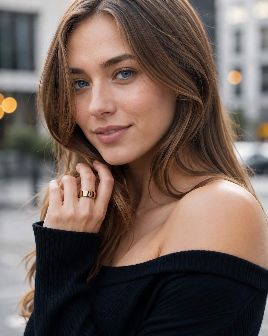 Woman wearing a COLMI R02 smart ring in an outdoor portrait