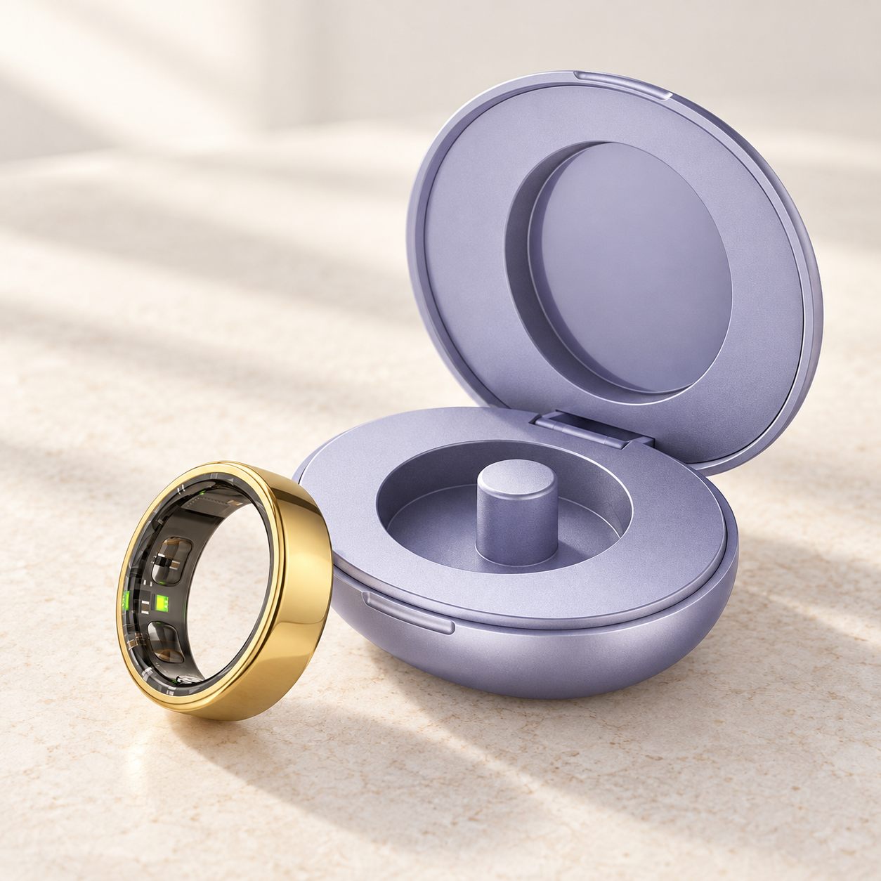COLMI Ring 2 Pro in Gold beside the included lavender charging case