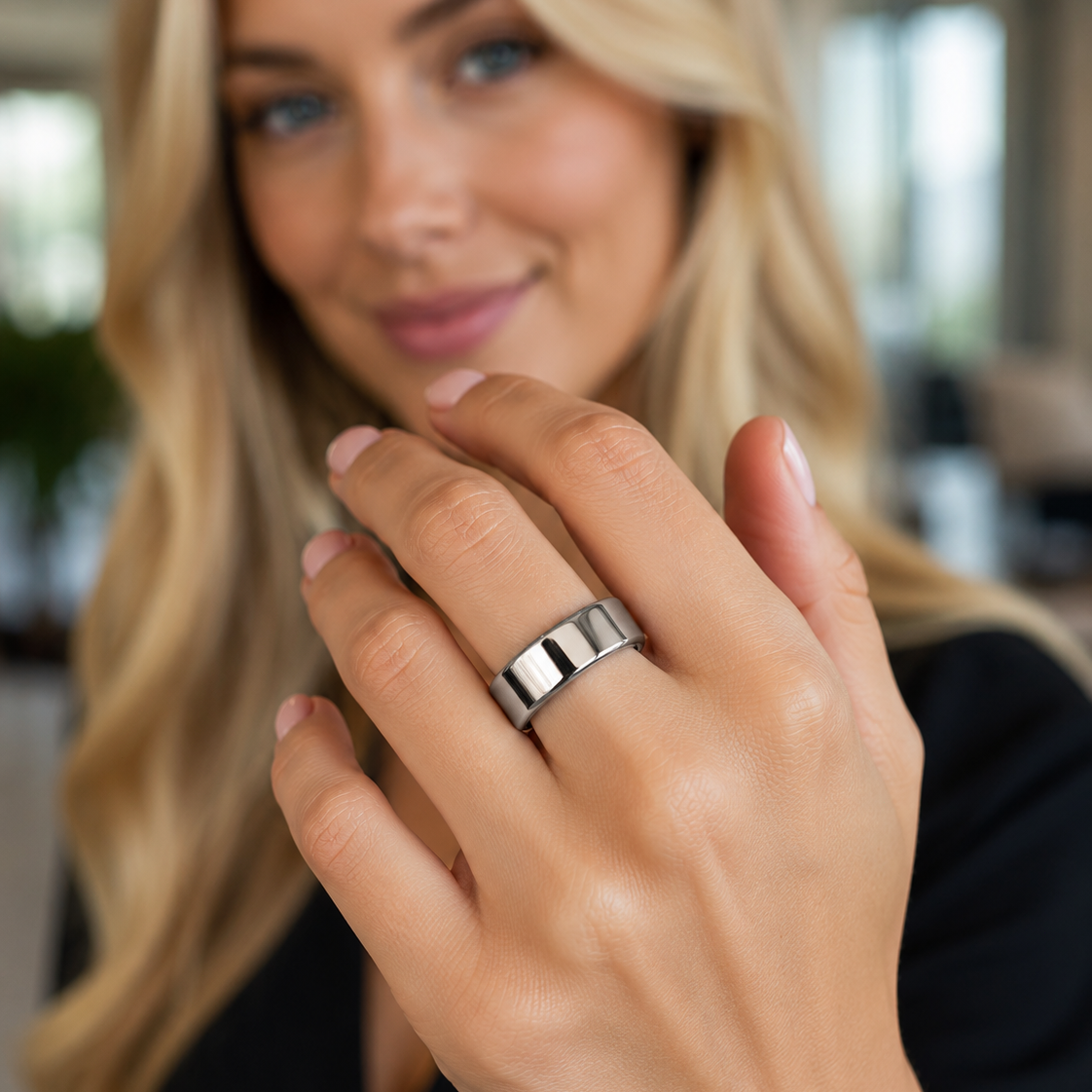 Woman wearing COLMI Ring 2 smart ring in silver finish