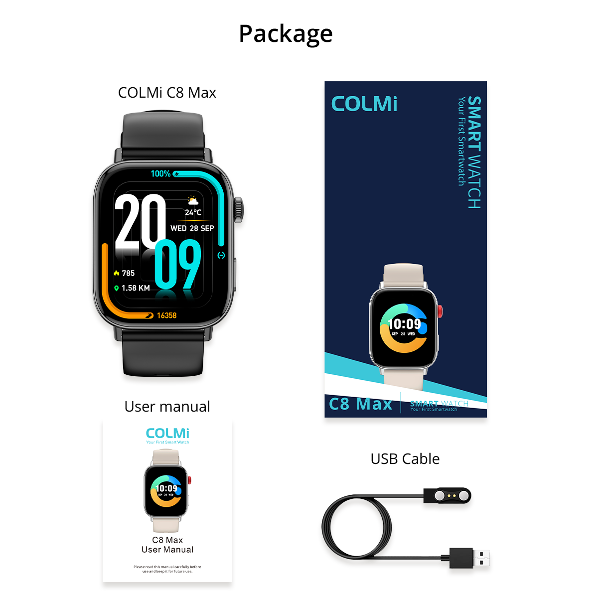 COLMI C8 Max smartwatch package contents chart