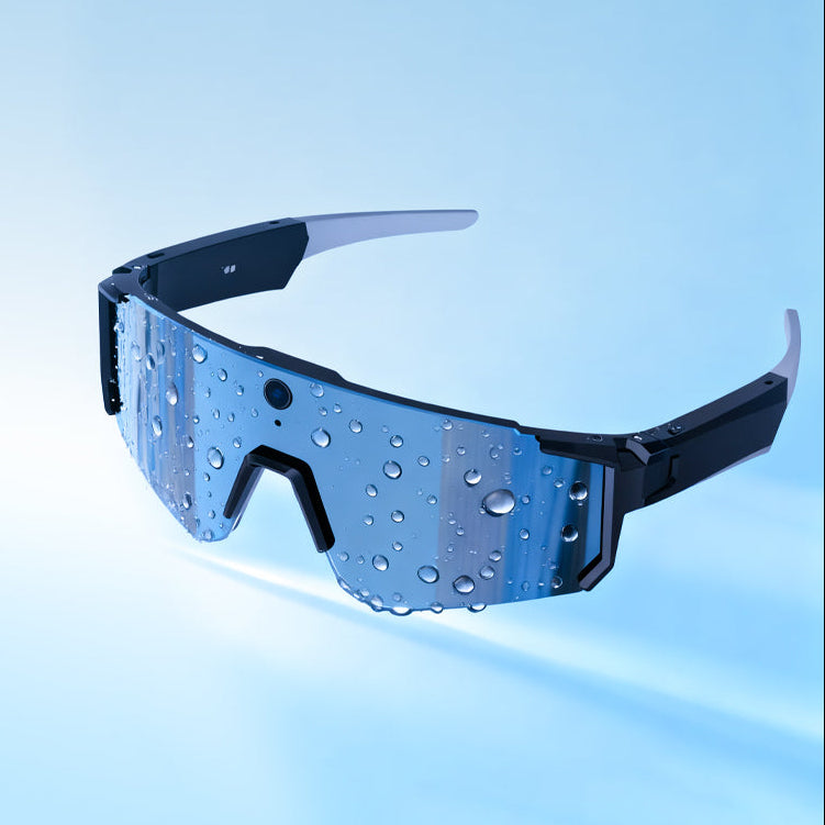 COLMI cycling AI smart glasses shown with water droplets