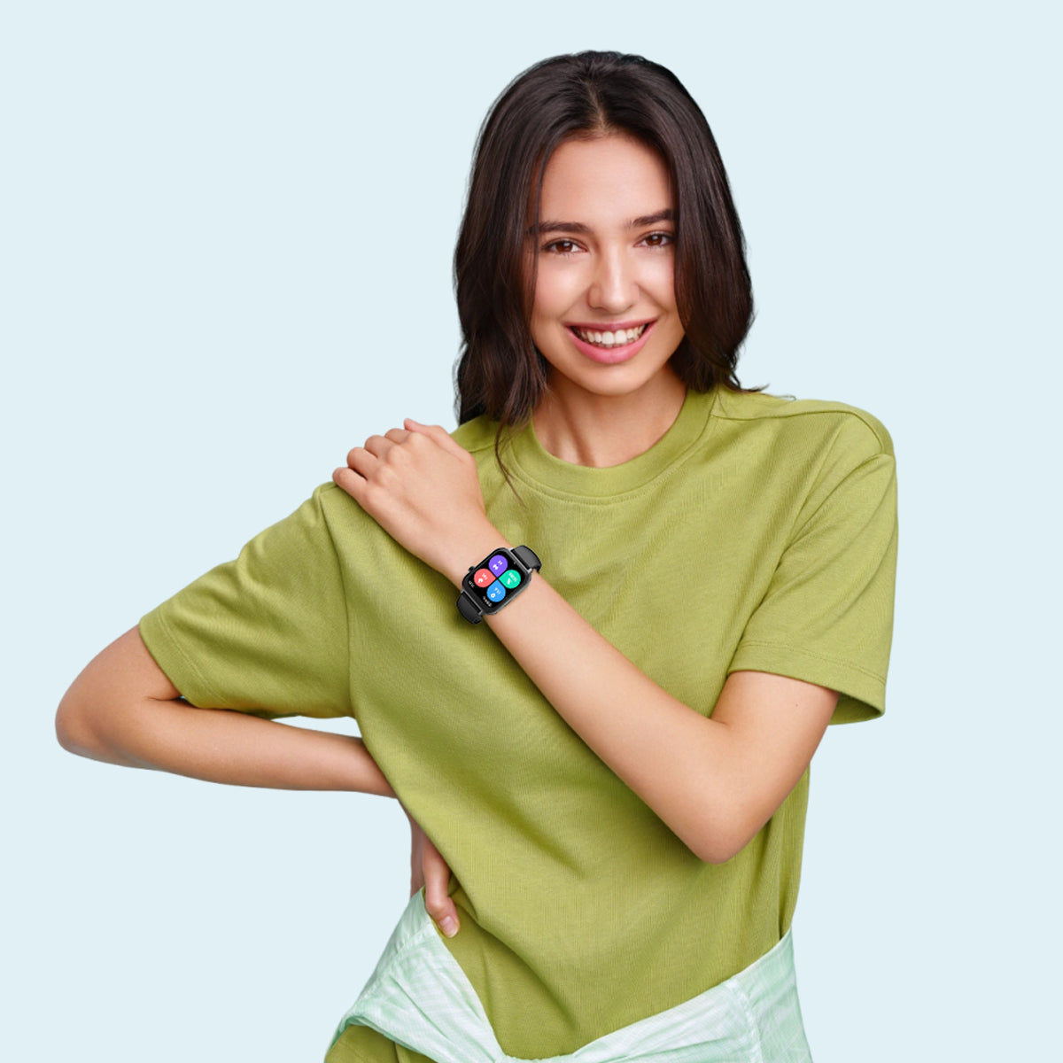 COLMI C28 smartwatch worn with a green shirt