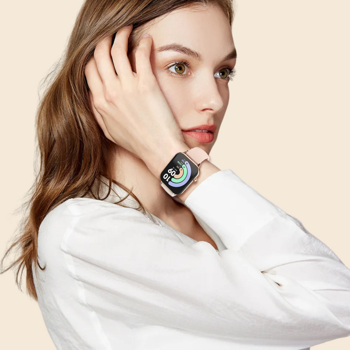 COLMI C28 smartwatch worn with a white blouse