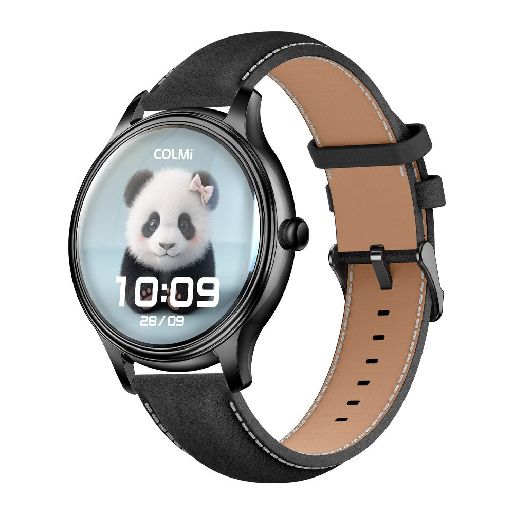 COLMI L28 black smartwatch with leather strap on white background