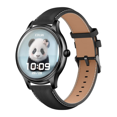 COLMI L28 black smartwatch with leather strap on white background