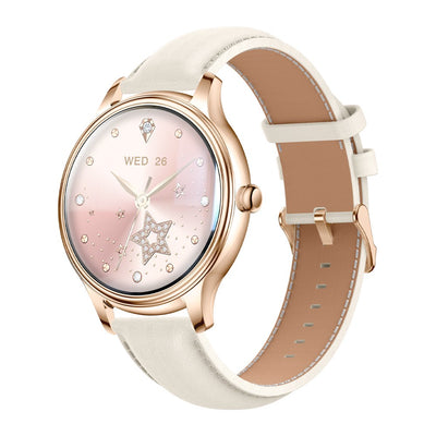 COLMI L28 gold smartwatch with leather strap on white background
