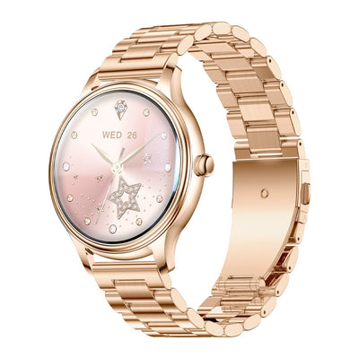 COLMI L28 gold smartwatch with stainless steel strap on white background