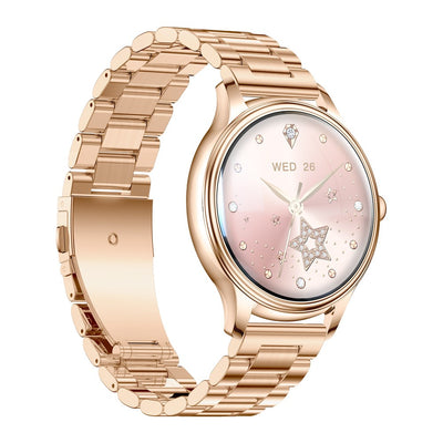 COLMI L28 gold smartwatch steel strap angled view on white background