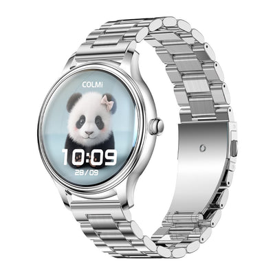 COLMI L28 silver smartwatch with stainless steel strap on white background