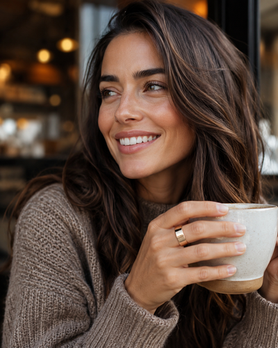 Woman wearing a COLMI R02 smart ring while holding coffee at a cafe