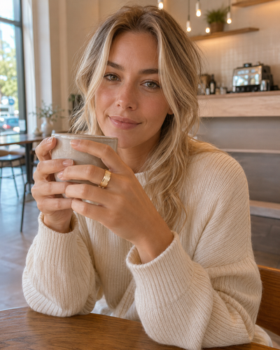 Woman wearing a COLMI R10 smart ring while holding a coffee cup