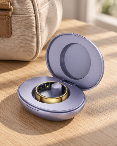 COLMI Ring 2 Pro in Gold seated in the included charging case beside a travel bag