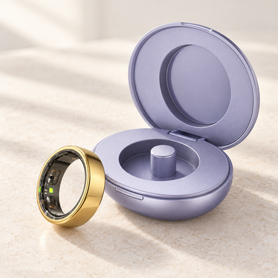 COLMI Ring 2 Pro in Gold beside the included lavender charging case