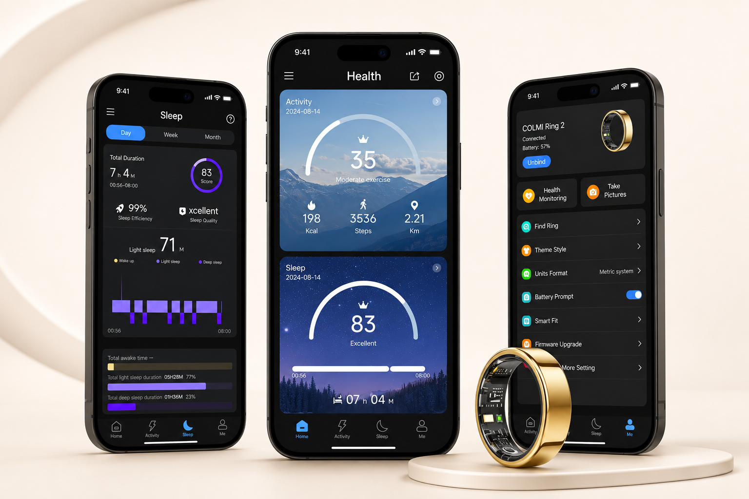 COLMI Ring 2 smart ring with QRing app wellness dashboard